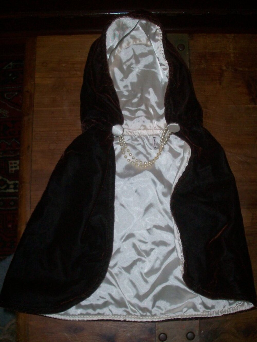 Gothic Large Doll Burgundy Velvet Satin Lined Cape w/ Pearl Closure 9.5" Tall